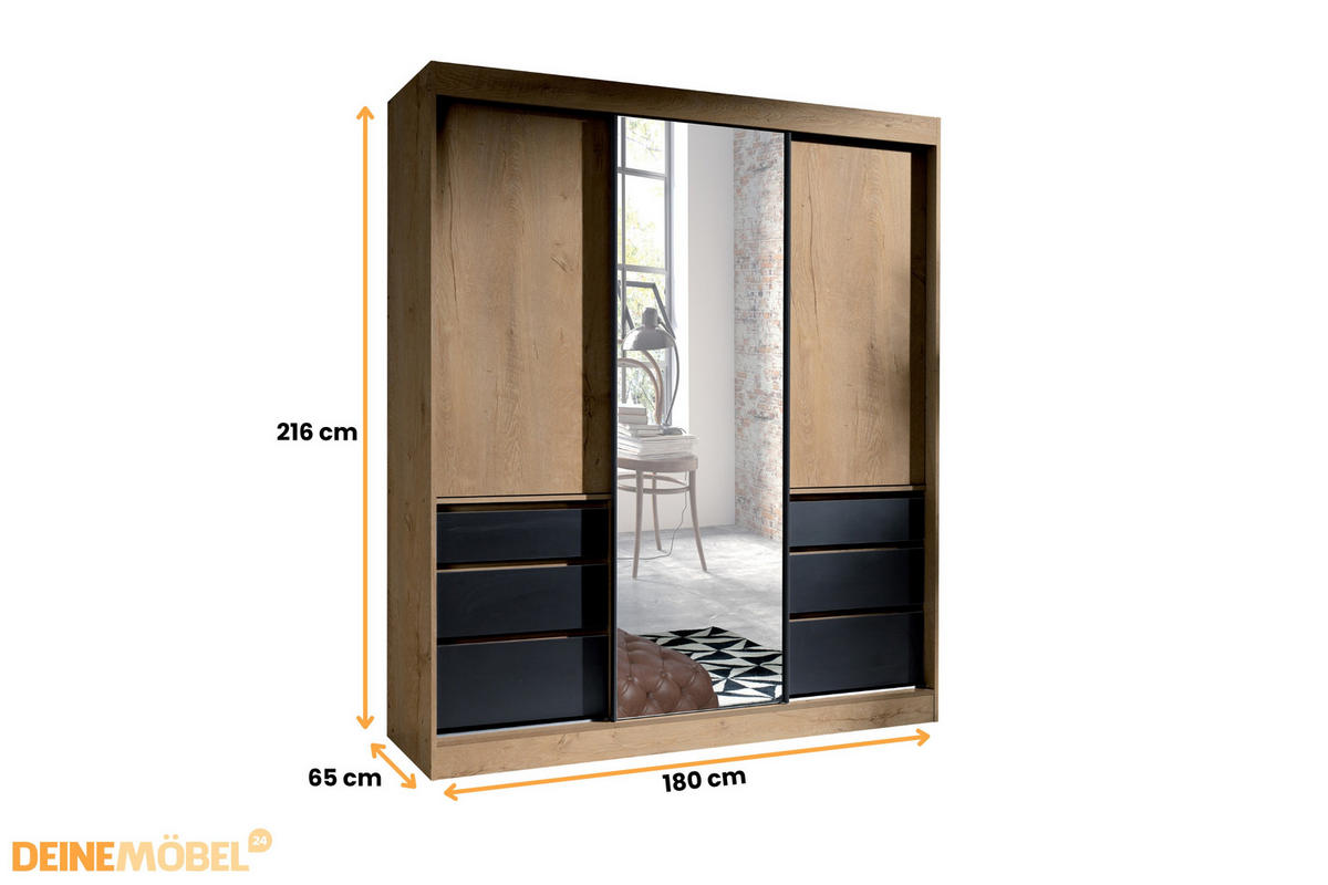 SCHWEBETÜRENSCHRANK HAITI 180/216 cm in Eiche Lefkas / Schwarz - Eichefarben/Schwarz, Holzwerkstoff (180/65/216cm) - Deine Möbel 24