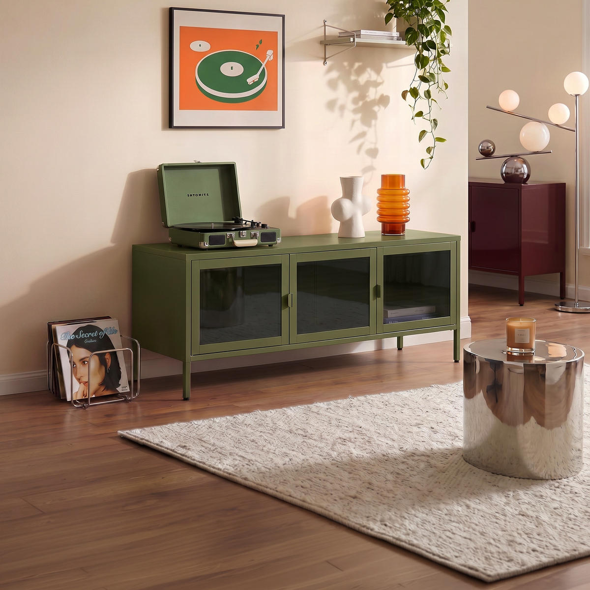 TV-STÄNDER Metall industriell EZRA, 130 cm, 3 Türen, Olivgrün und Sicherheitsglas - Olivgrün, Metall (130/55/40cm) - Sicaan