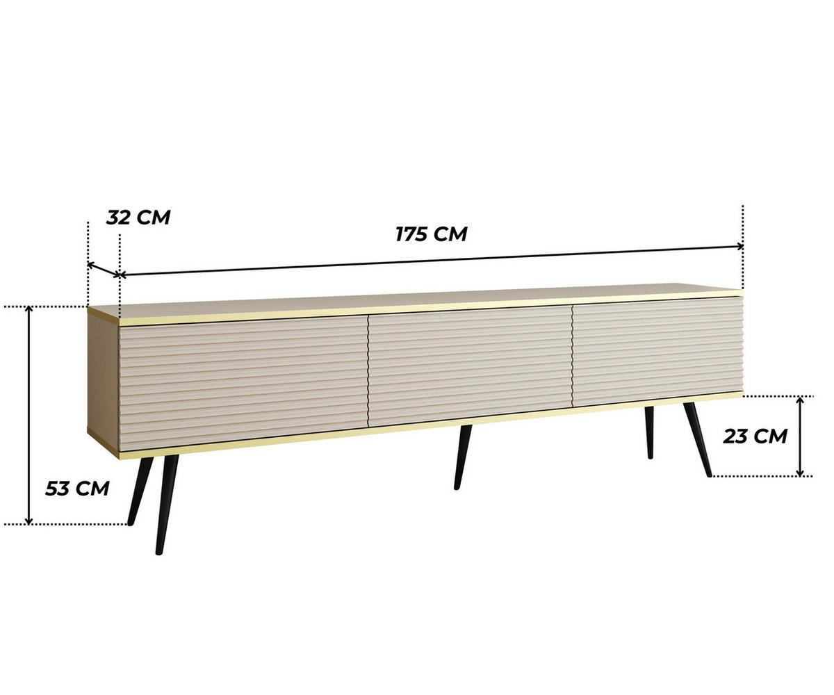 TV-BOARD FORNO (Beige, Rillenfront, Goldene Details, 3 Klapptüren, schwarze Metallfüße, 175 cm) - Beige/Schwarz, Holz/Holzwerkstoff (175/53/32cm) - Ravio