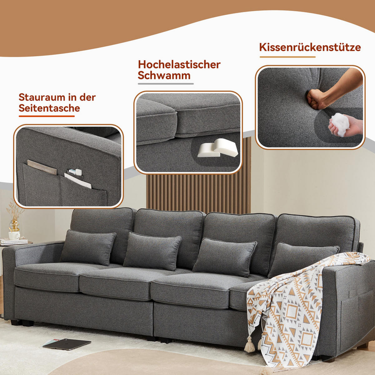 SOFA 4-Sitzer Leinenstoff Armlehnentaschen & 4 Kissen Modern Dunkelgrau - Grau, Holz (71/27.5/55.5cm) - FLIEKS