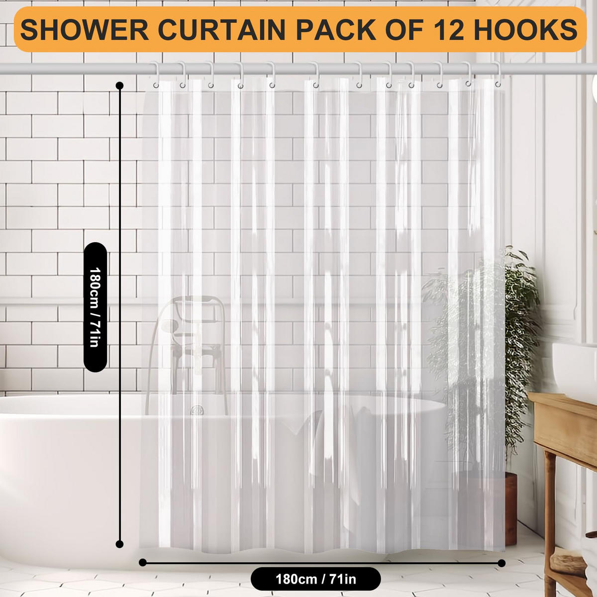 DUSCHVORHANG transparent fürs Badezimmer wasserdicht EVA schimmelresistent mit Haken - Transparent, Kunststoff (180/180cm) - MCBOSON