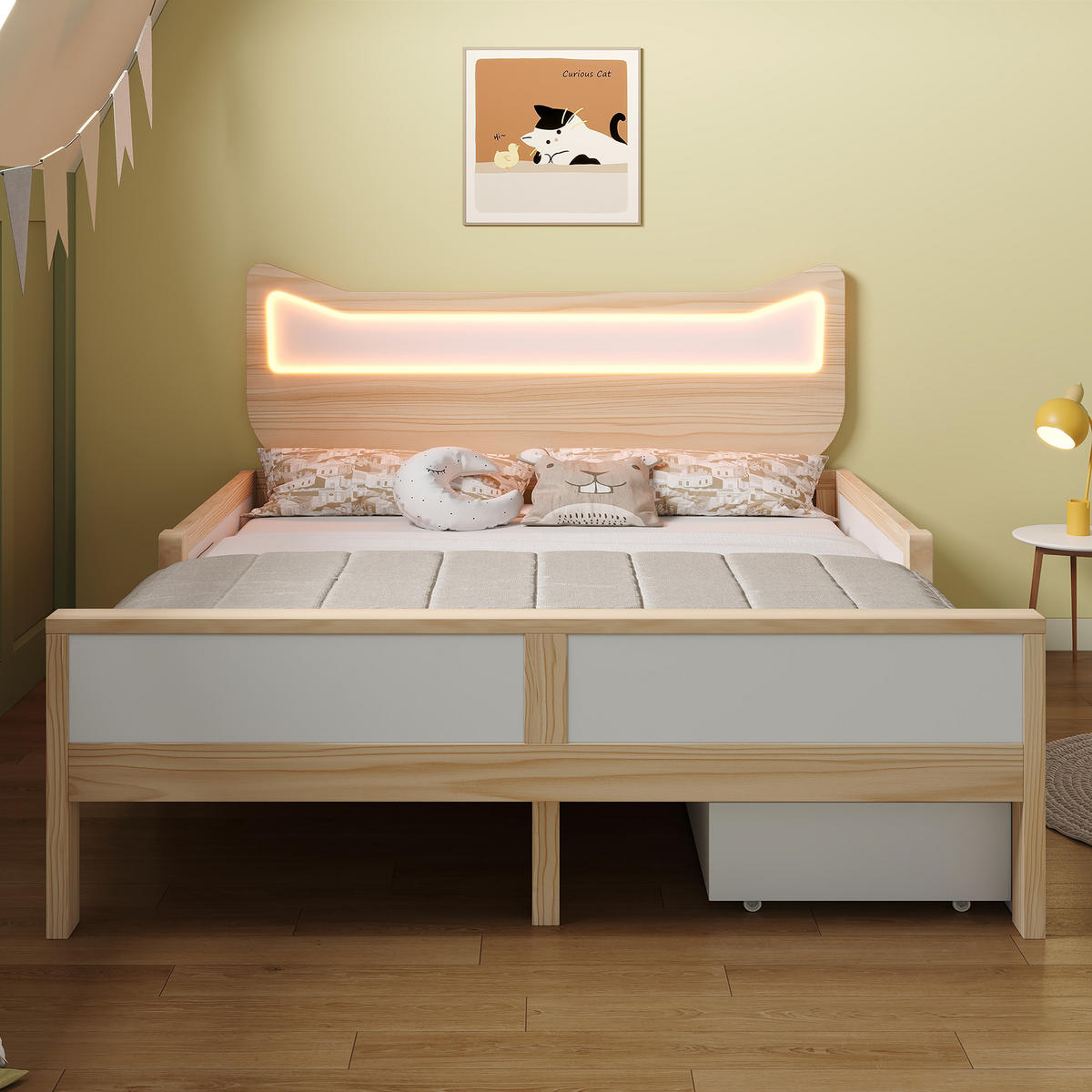 KINDERBETT 140/200 cm in Weiß & Eiche mit Schublade, Staufach und LED Massivholz Design - Naturfarben/Weiß, Holzwerkstoff (140/200cm) - STILVORA