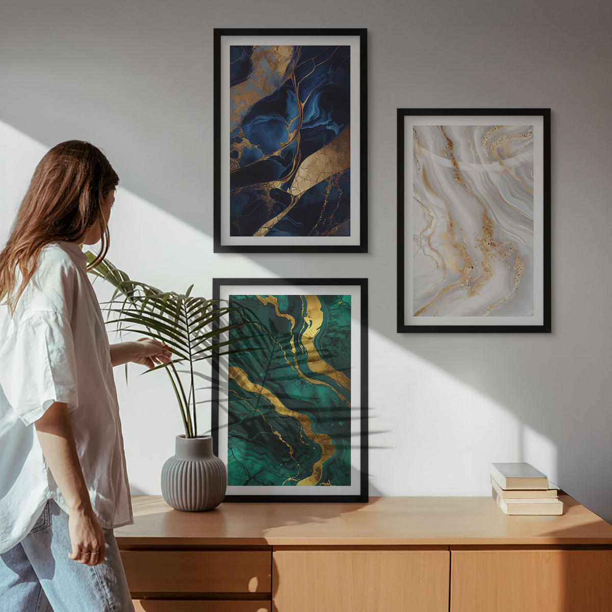 WANDBILDER 3er-Set - 40x60 cm Schwarzer Rahmen - Abstrakte blaugrüne Muster - Schwarz, Kunststoff (40/60cm) - ArtPrintCave