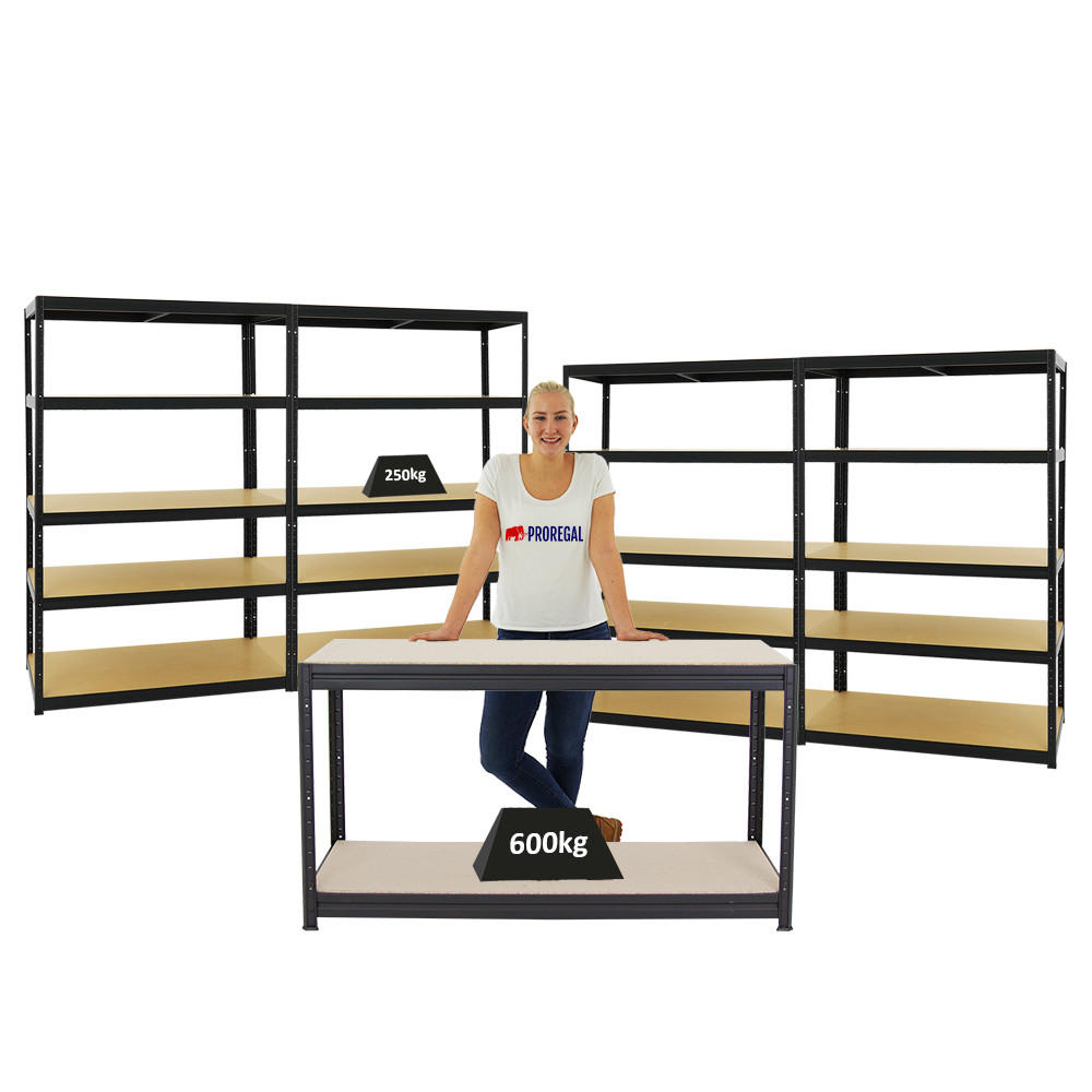 WERKBANK Big Dino höhenverstellbar & 4x SCHWERLASTREGAL Big Elephant M Set Fachlast bis zu 600 kg Schwarz - Schwarz, Metall (600/180/60cm) - PROREGAL