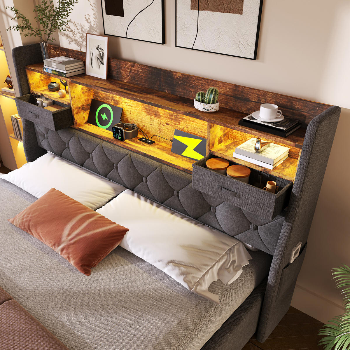 POLSTERBETT 140/200 cm Grau aus Leinen mit Bettkasten und LED - Grau, Textil (140/200cm) - OKMYHOME