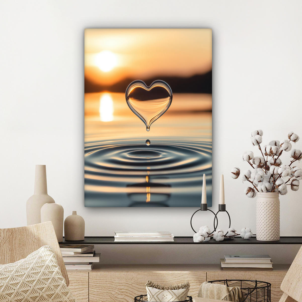 LEINWANDBILD - Herz - Wasser - Sonnenuntergang - Natur - Zen - 60x80 - Gemälde - Bernsteinfarben, Textil (60/80cm) - MuchoWow