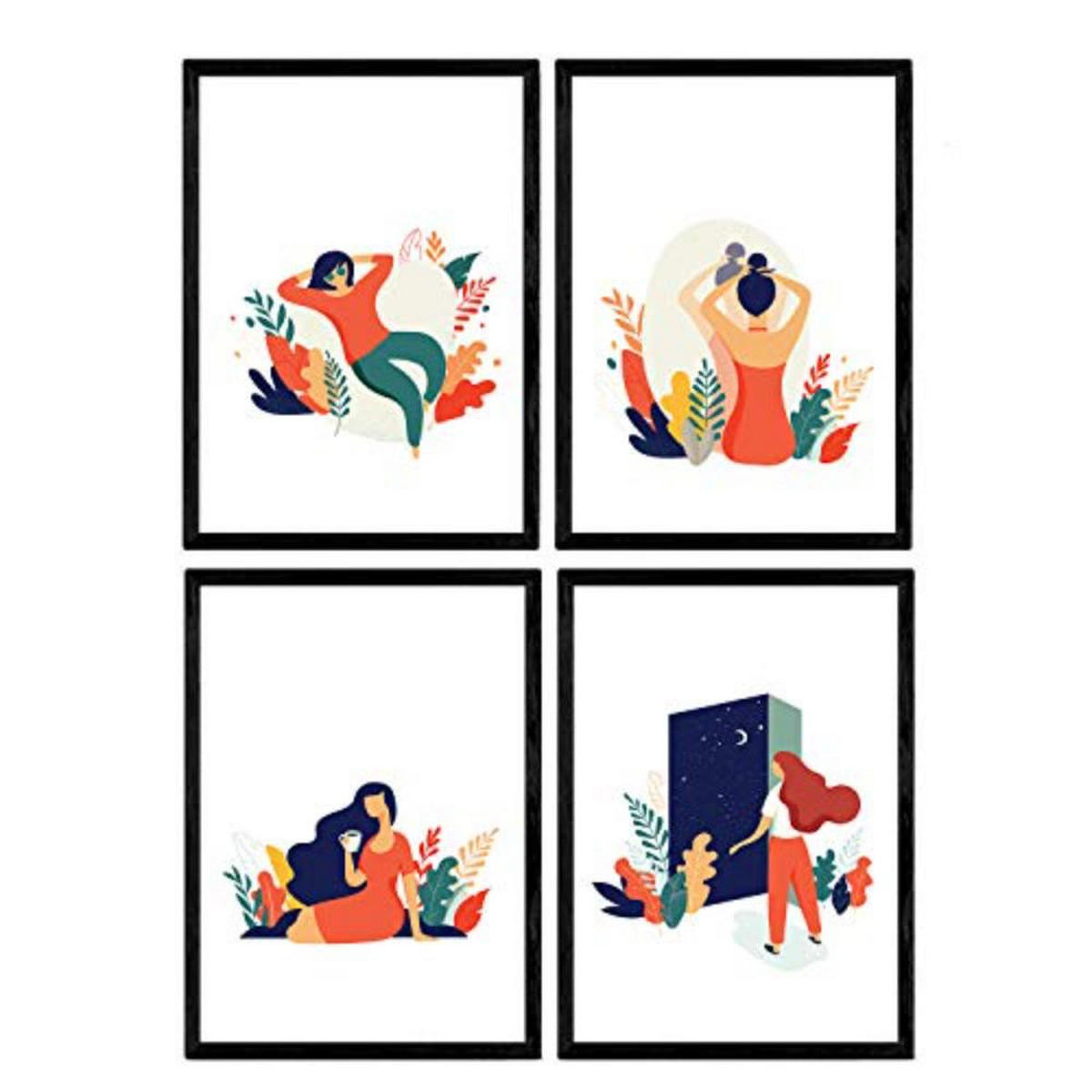 POSTER Set mit 4 Frau in der Nacht mit Sternen und Mond A4 Schwarzer Rahmen - Schwarz, Papier (29.7/3cm) - Nacnic