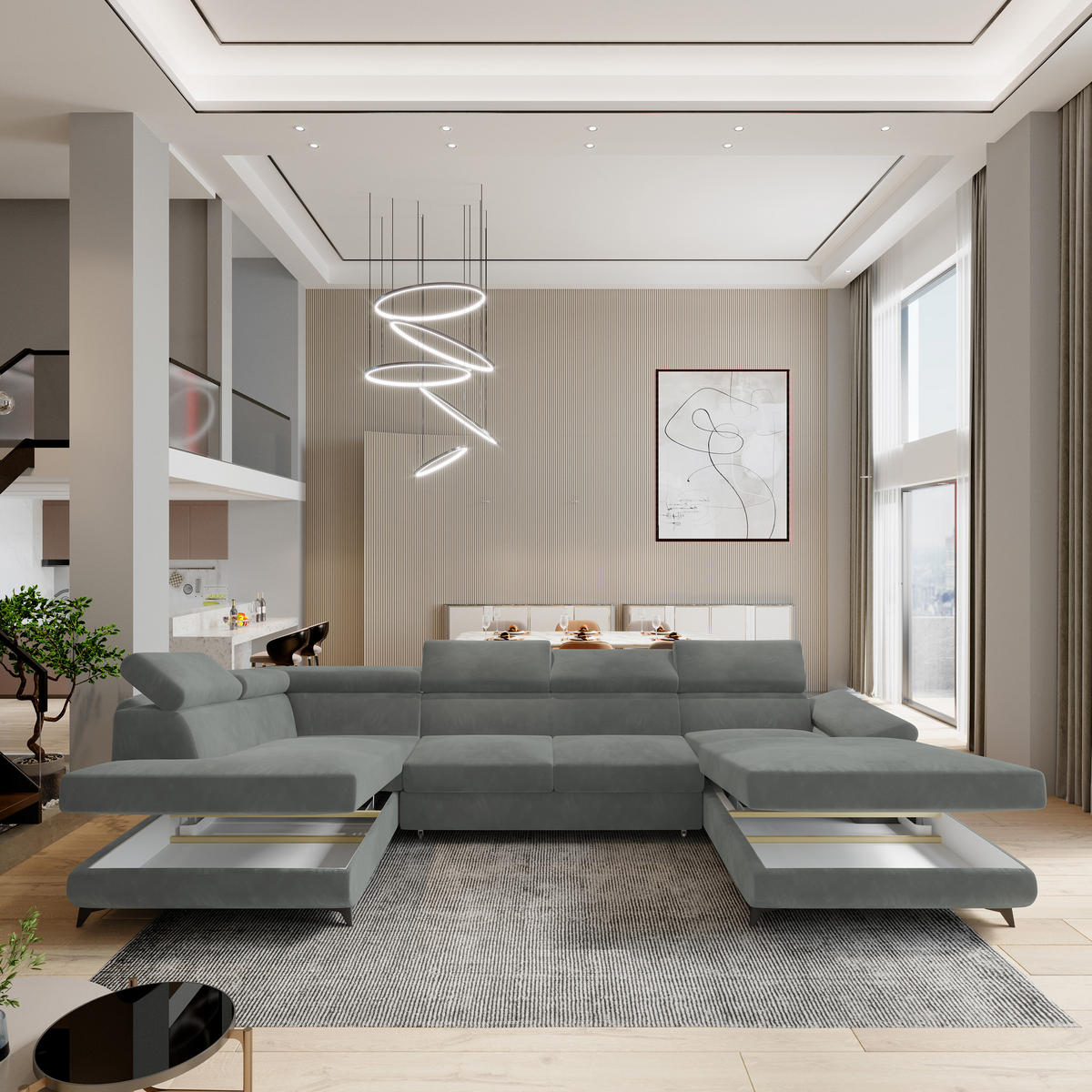 WOHNLANDSCHAFT RUBANO L-S Grau Velours-Stoff mit Schlaffunktion - Grau, Holz (339/89/190cm) - MASSENO