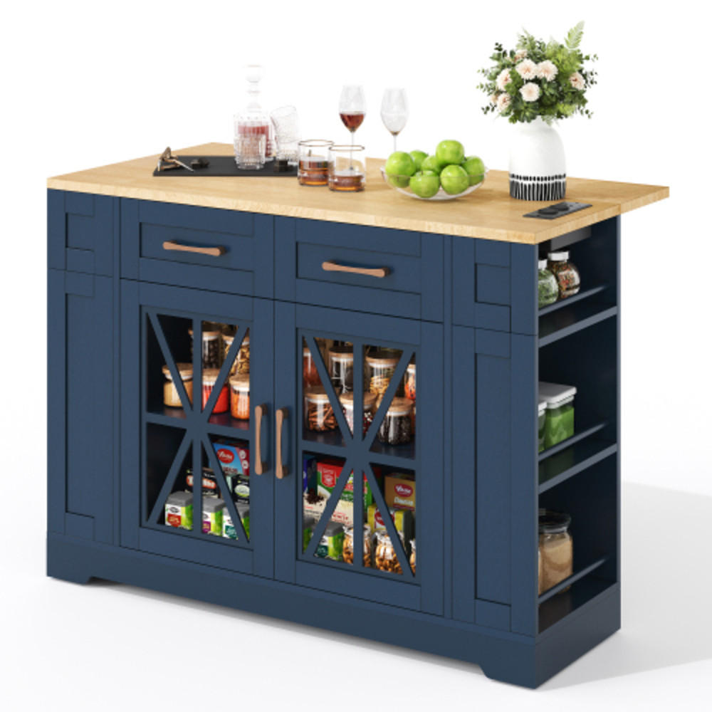 KÜCHENINSEL Blau-Neutral aus MDF mit klappbarer Erweiterungsplatte, Steckdosen und Laufrollen 120 × 40(65) × 92 cm - Blau, Holzwerkstoff (120/92/65cm) - Luhomfu