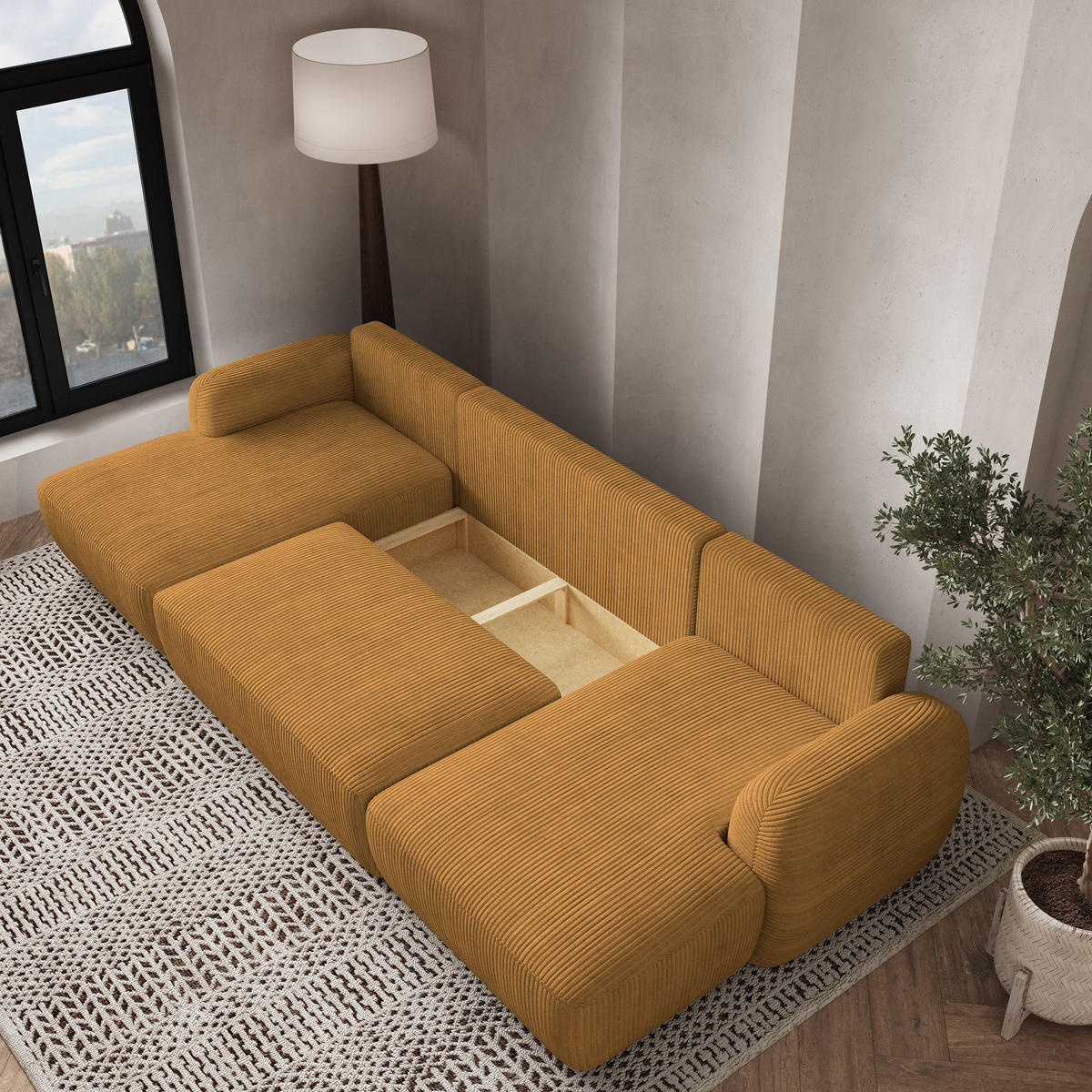 WOHNLANDSCHAFT SAVONA P Gelb Kordstoff mit Schlaffunktion - Gelb, Holz (320/90/148cm) - MASSENO