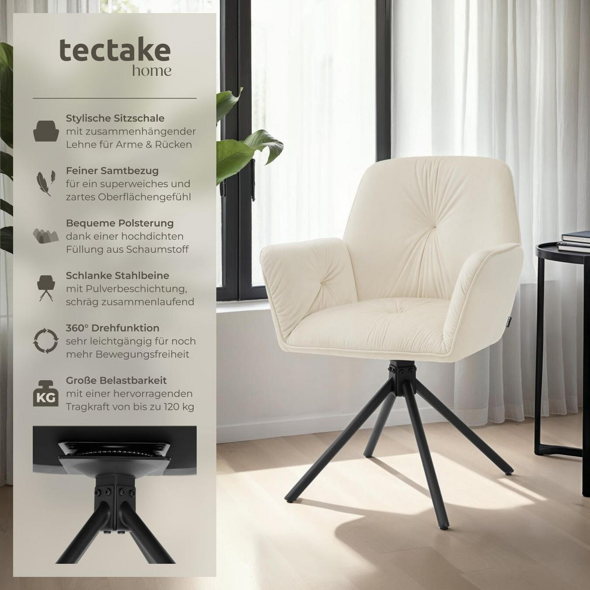 ARMLEHNSTUHL Drehbar Lenia,56,5 x 54 x 86 cm, Samtoptik creme/schwarz - Schwarz/Samtahornfarben, Kunststoff (56.5/86/54cm) - tectake