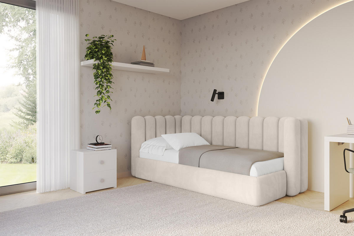 EINZELLBETT Jugendbett mit Bettkasten und Matratze H3/H4, Rechts - HUGY 100x200 Beige - Sandfarben, Holzwerkstoff/Textil (100/200cm) - ALTDECOR
