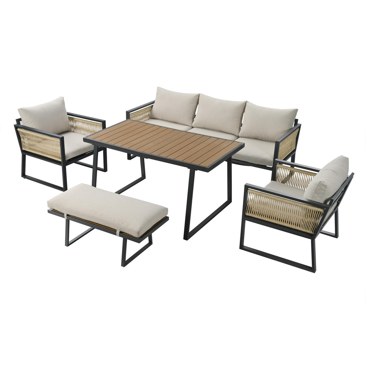 GARTENMÖBEL-SET 187/67/63 cm beige aus verzinktem Stahl und Polyester mit Kunststoffholz-Tischplatte - Beige, Textil - OKWISH