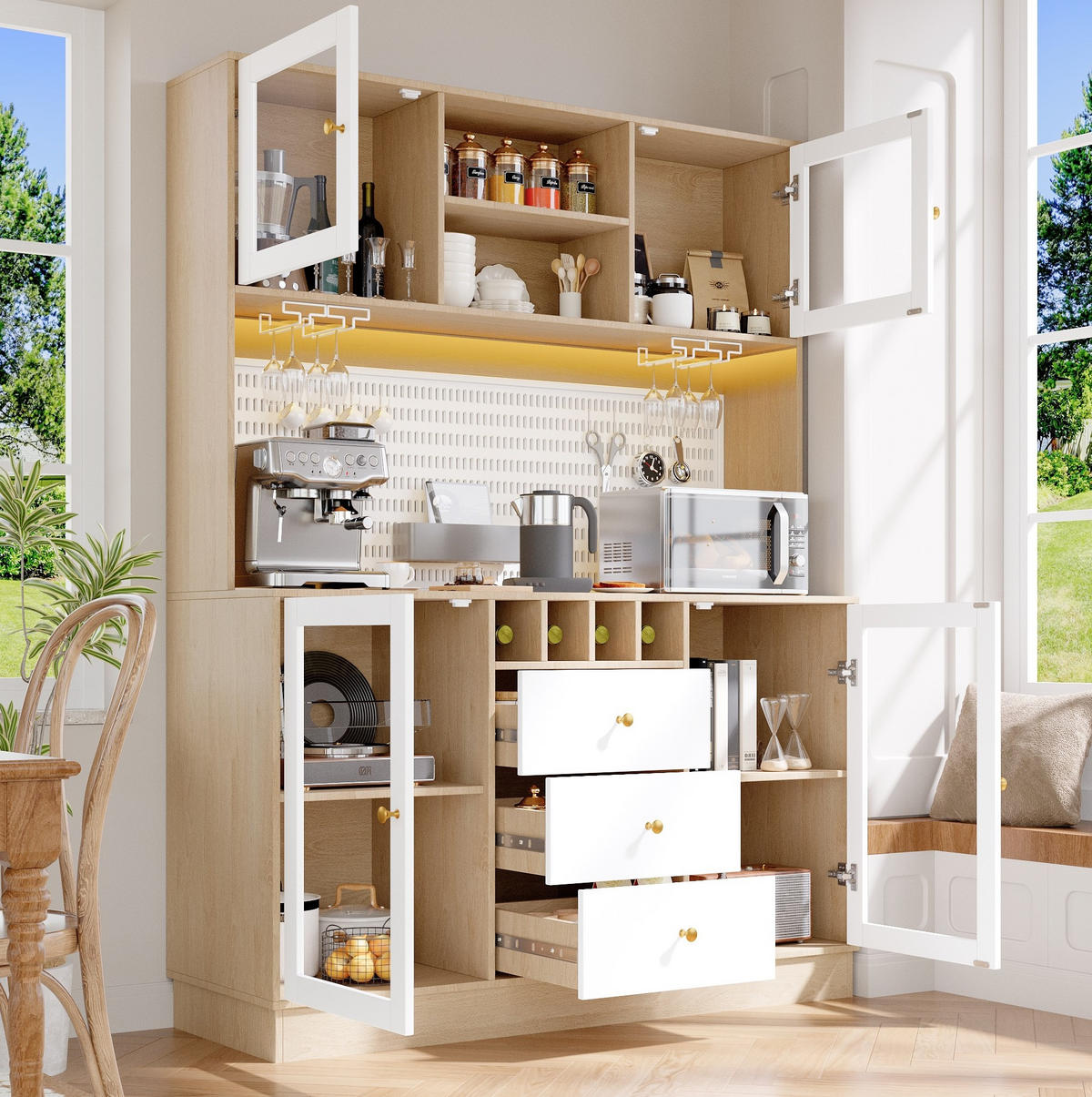 HOCHSCHRANK 140/40/185,7 cm mit LED-Beleuchtung, Weinregal, Glasfronten und verstellbaren Regalböden, Weiß - Weiß, Holzwerkstoff (140/185.7/40cm) - Redom