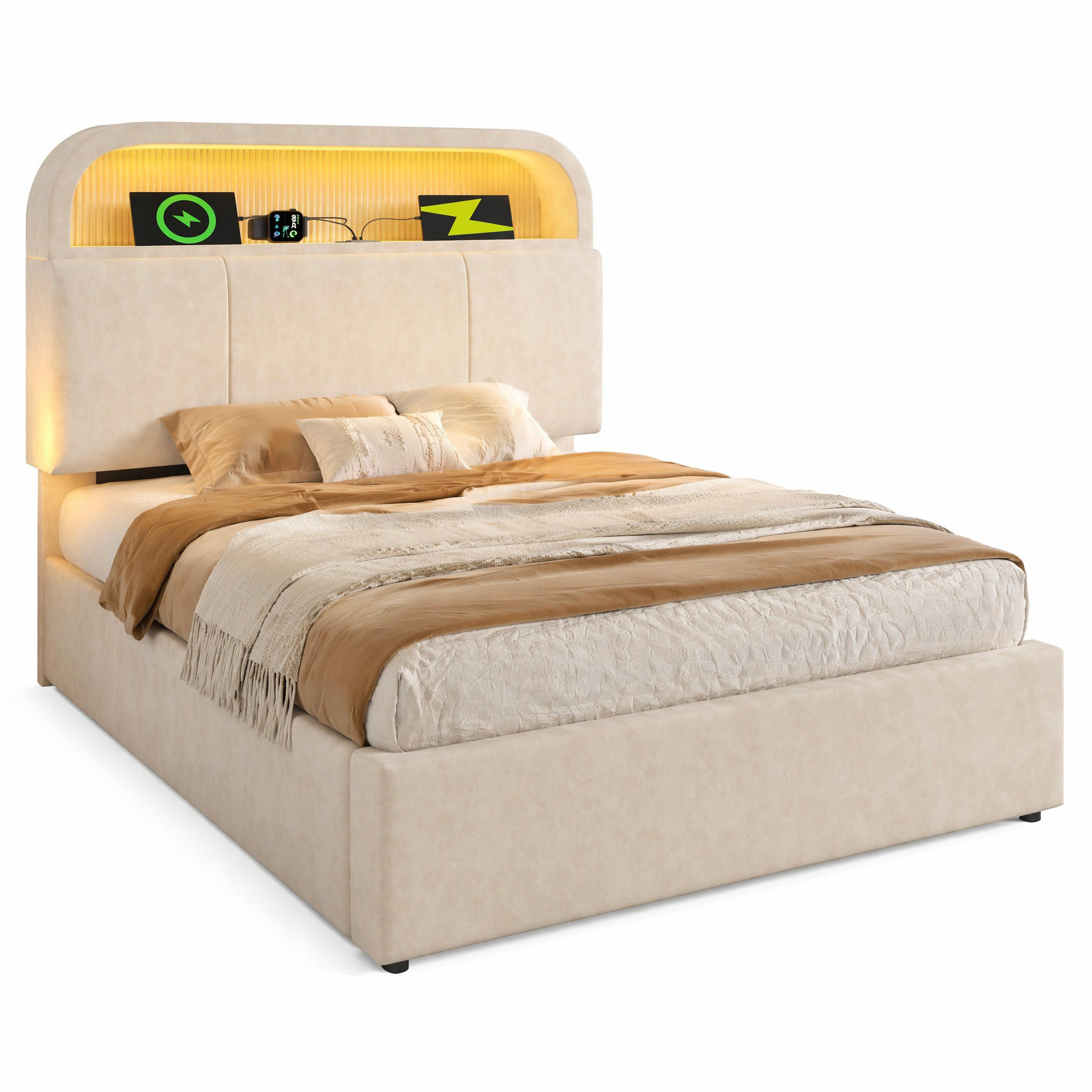 POLSTERBETT 90/200 cm in Beige mit Bettkasten, LED und USB aus Samt - Beige, Holzwerkstoff/Textil (90/200cm) - STILVORA