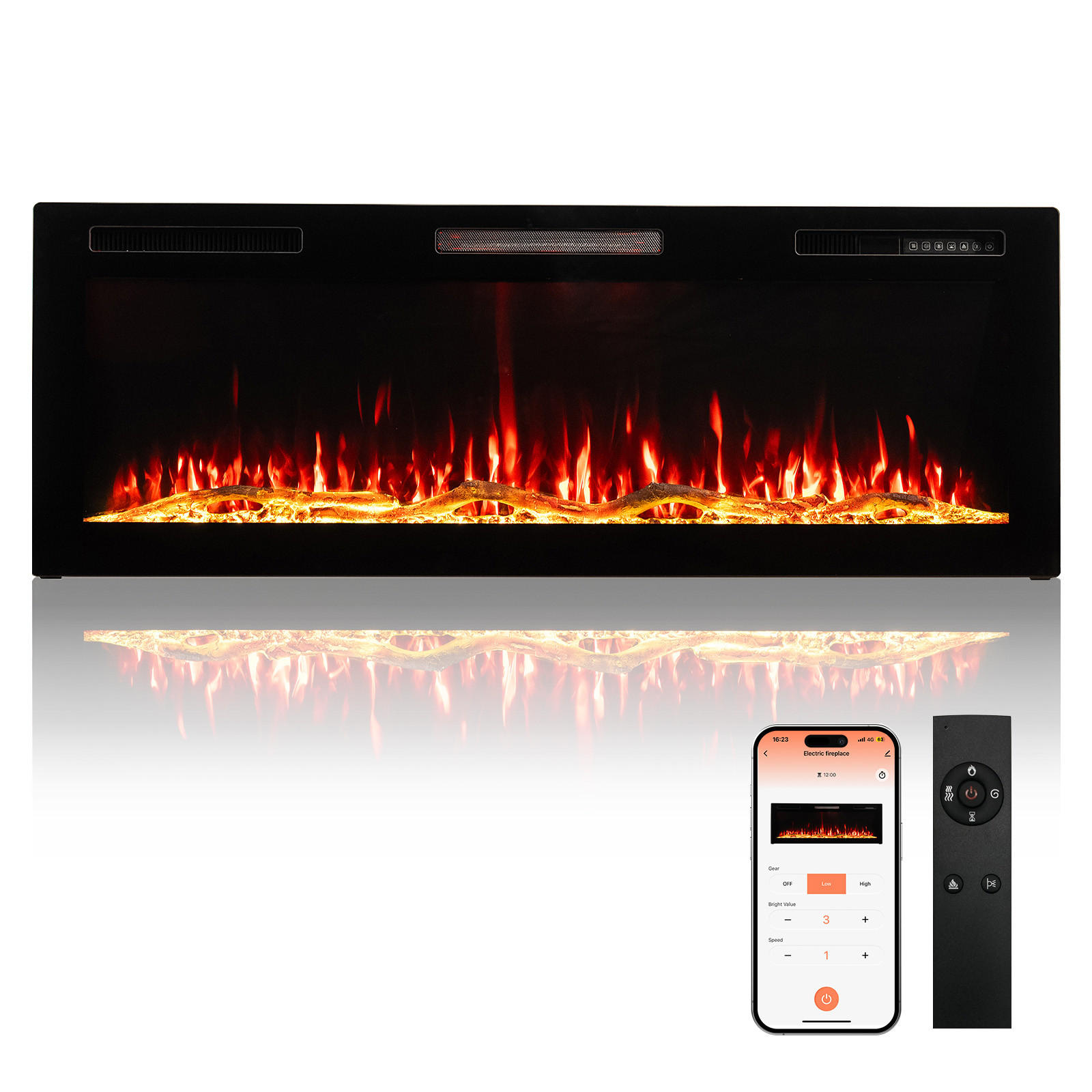 ELEKTROKAMIN mit Schrank, 1000W / 2000W Heizleistung, App-Steuerung - Schwarz, Metall (127/46/11.3cm) - HOMAVO