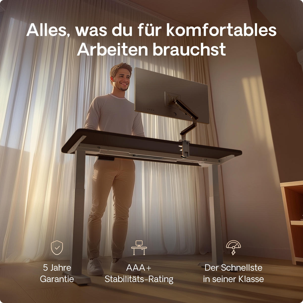 SCHREIBTISCH Elektrisch Höhenverstellbarer HomeOne 140x70cm Grau/Schwarz mit Memory-Funktion, Anti-Kollisions Technologie - Schwarz/Grau, Holzwerkstoff (70/140/72cm) - Desktronic