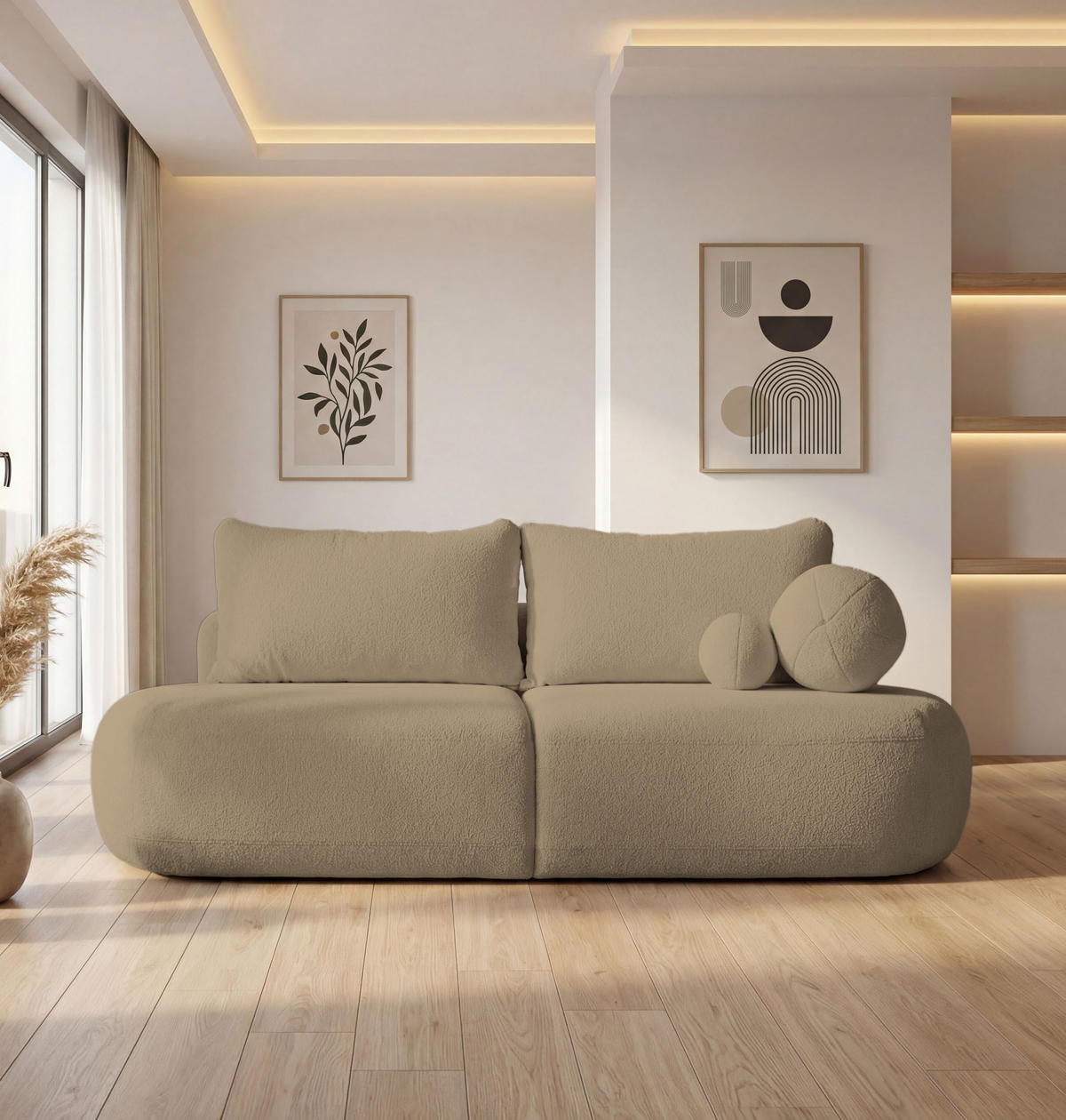 SCHLAFSOFA Bolla 3-Sitzer mit Bettkasten, Camel Dunkelbeige Boucle 240/90/90 cm - Sandfarben/Schwarz, Kunststoff/Textil (240/90/90cm) - WFL GROUP