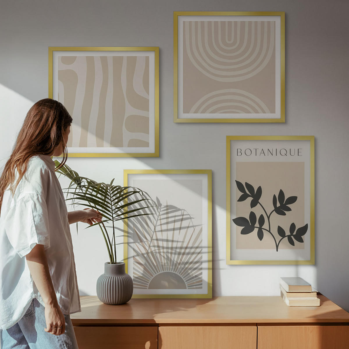 BILDER SET 4er Set - 50x50 cm & 40x60 cm Goldrahmen - Abstrakte Pflanzenmuster - Goldfarben, Kunststoff (50/50cm) - TULUP