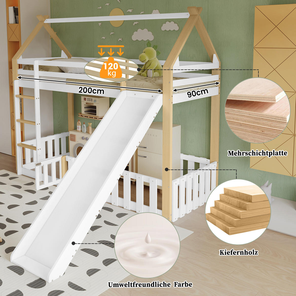 ETAGENBETT Dachform mit Rutsche Weiß+Natur 90x200cm - Naturfarben, Holz (90/200cm) - ComfortXL