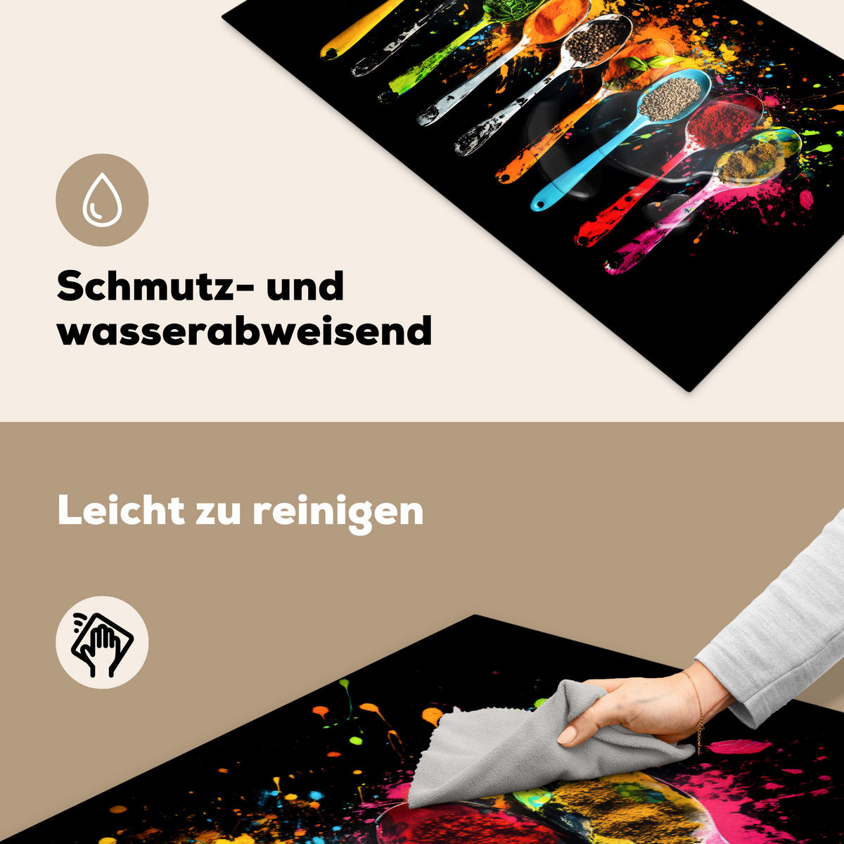 HERDABDECKPLATTE Löffel - Gewürze - Modern - Graffiti - Farbe - Farbenfroh Ceranfeldabdeckung 90x52 cm - Multicolor, Kunststoff (90/52/0.2cm) - MuchoWow