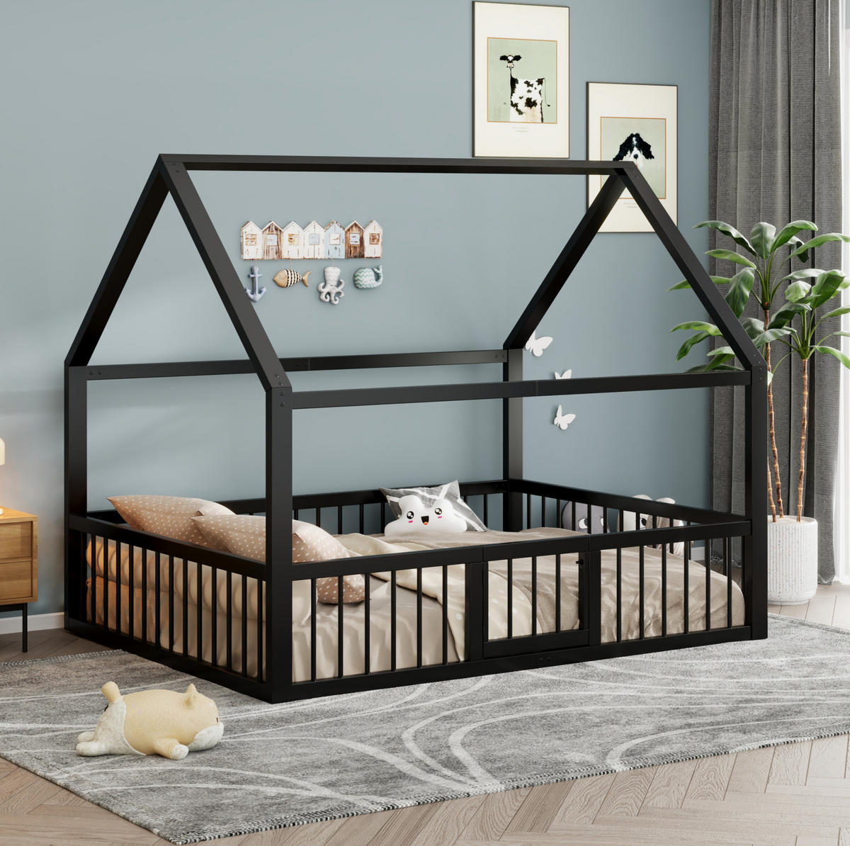 KINDERBETT Hausdesign 140/200 cm Schwarz aus Metall ohne Matratze - Schwarz, Metall (140/200cm) - MIVRAY