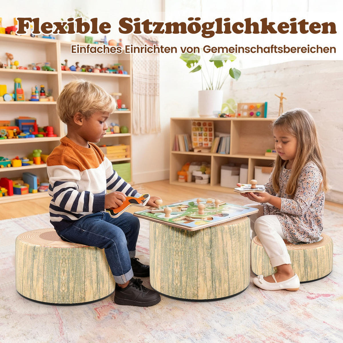 KINDERSITZGRUPPE aus Holz mit Muster grün(3-tlg) - Grün, Leder (38/25/38cm) - COSTWAY