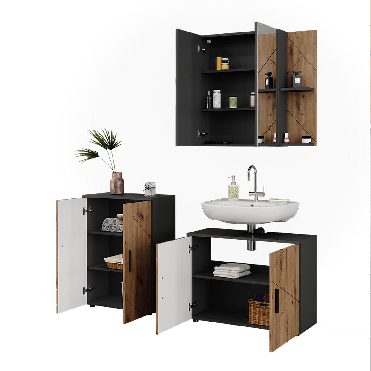 BADMÖBEL-SET Irma Anthrazit/Artisan 3 Teile - Anthrazit/Hellgrau, Holzwerkstoff (80/59/30cm) - Vicco