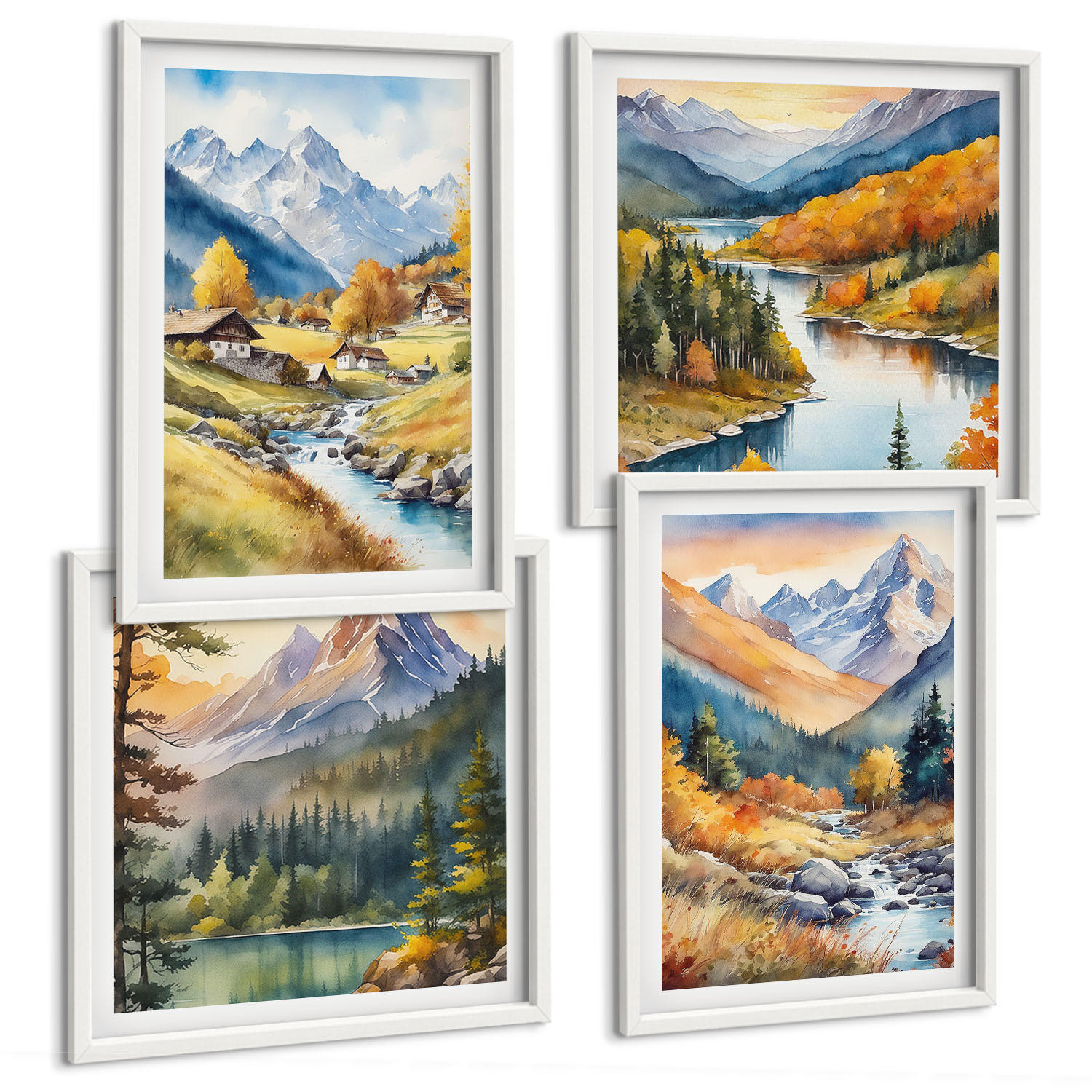 BILDER SET 4er Set - 50x50 cm & 40x60 cm Weißer Rahmen - Berglandschaft, Flusshütten - Weiß, Kunststoff (50/50cm) - TULUP