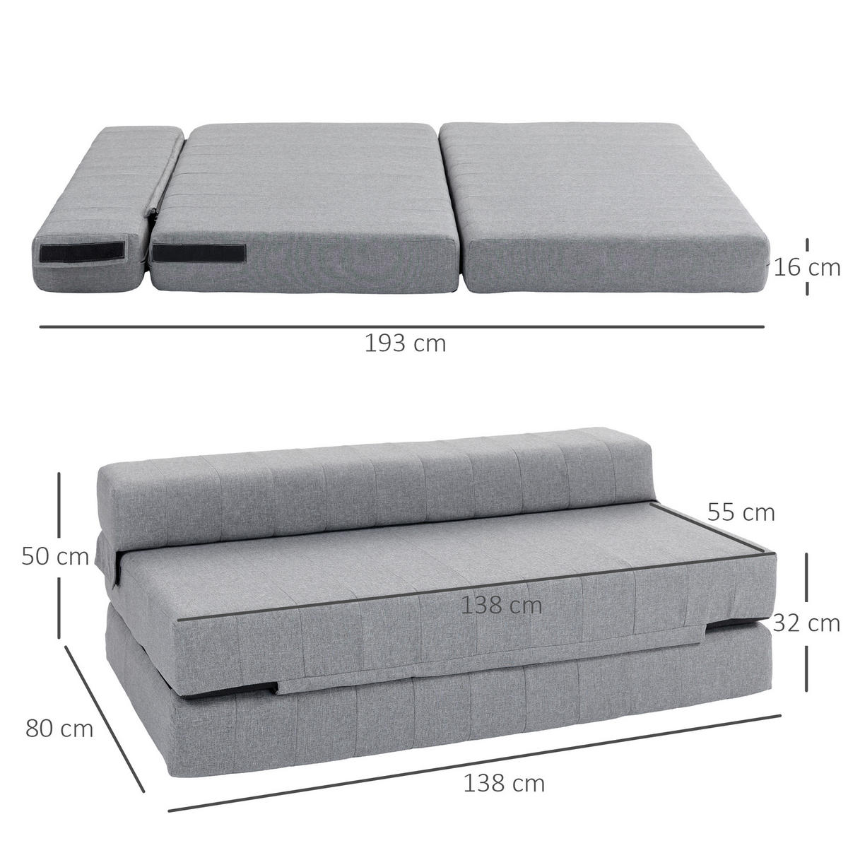 BODENSOFA 2-in-1 Klappbar Schlafsofa mit Leinenoptik für Wohnzimmer Grau - Grau, Textil (80/50/138cm) - HOMCOM