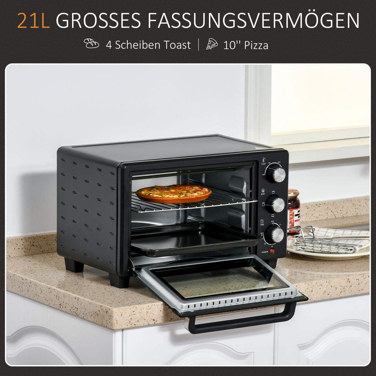 MINIBACKOFEN 21L 1400W mit 3 Kochmodi, Temperatur 100-230°C, Edelstahl Mini Ofen mit Glasfront, Schwarz Silber - Schwarz, Metall (46/29/38.5cm) - Beaface