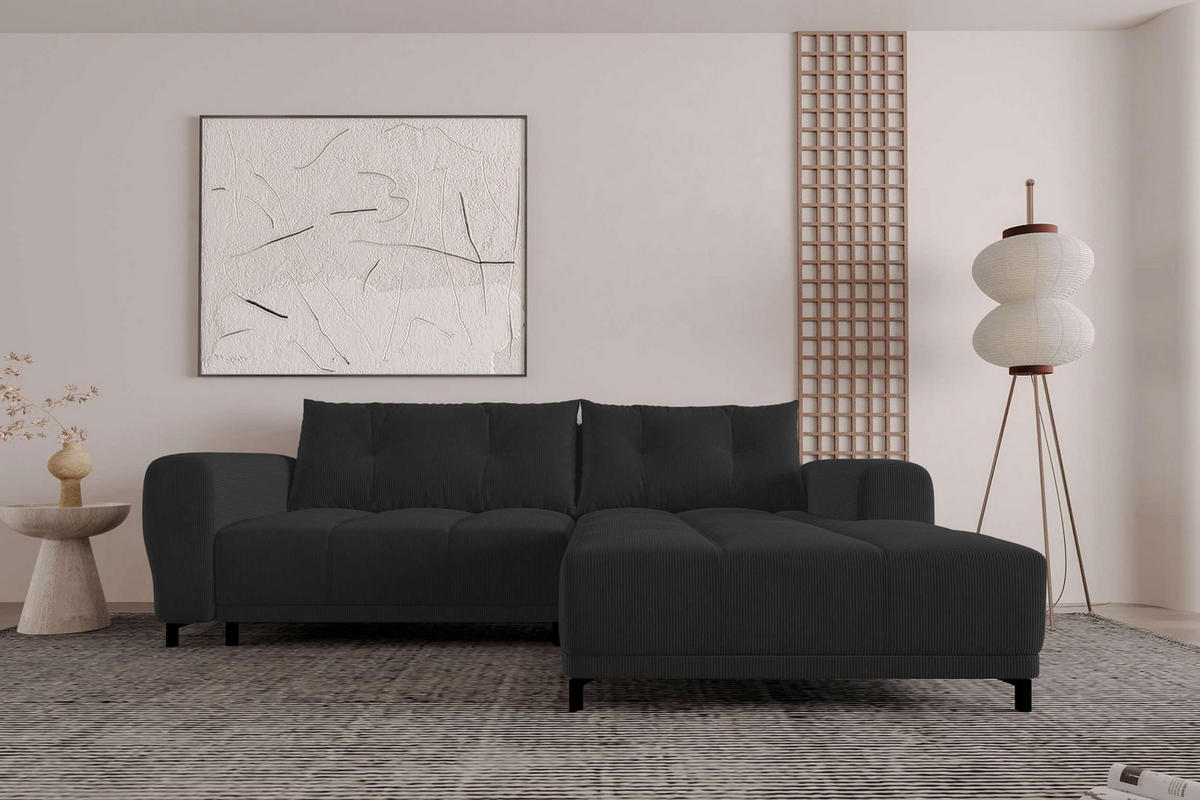 ECKSOFA Massimo Cordstoff Schwarz inkl. Schlaffunktion Rechts - Schwarz, Textil/Metall (246/177cm) - 99rooms