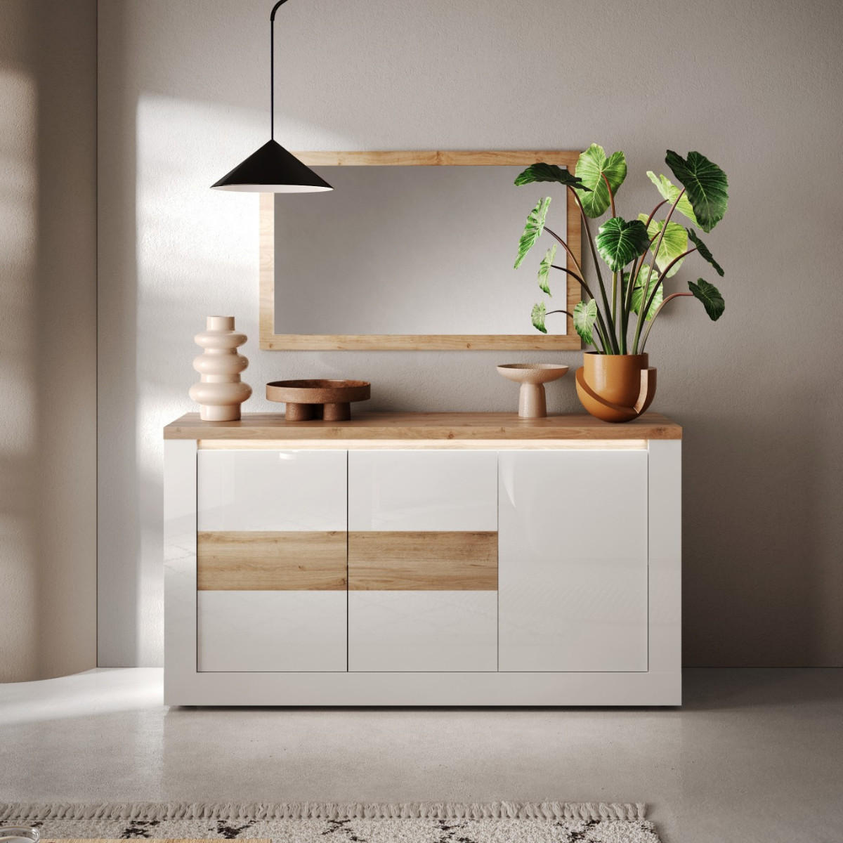 SIDEBOARD 3 Türen LED-Beleuchtung Eichendekor und Weiß 160/43/88 cm - Weiß, Holzwerkstoff (43/88/160cm) - Calicosy