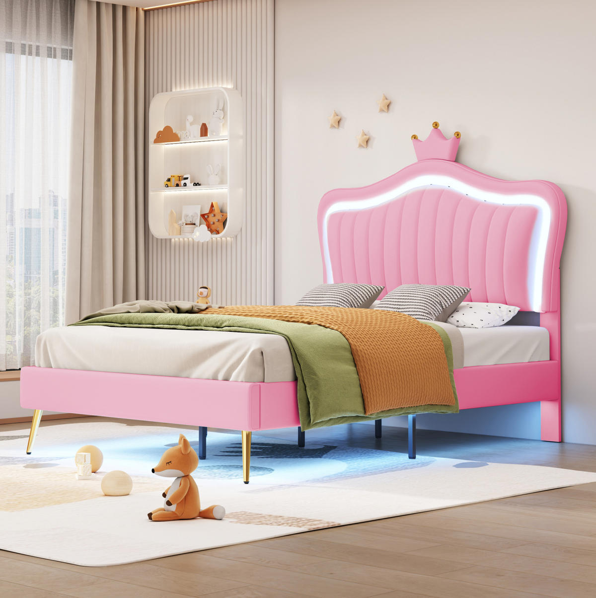KINDEREINZELBETTEN aus Kunstleder 90x200 cm in Rosa mit LED-Beleuchtung - Rosa, Leder (90/200cm) - Modfu