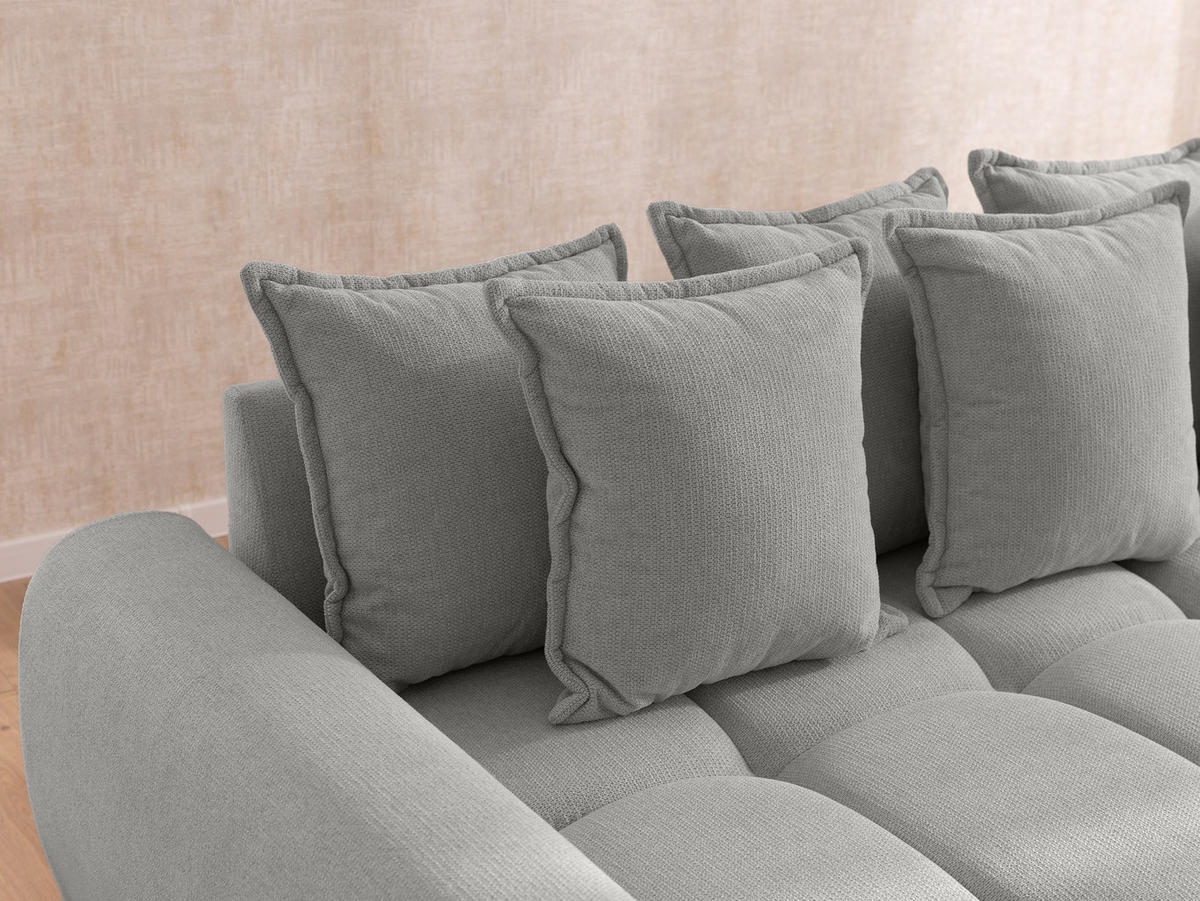 ECKSOFA inkl. Hocker Bubble mit Schlaffunktion und losen Rückenkissen, Sitzfläche in Bubble-Optik aus weichem Hellgrau Strukturstoff - Ottomane Links - Hellgrau/Schwarz, Holz/Kunststoff (180/306cm) - S-Style Möbel