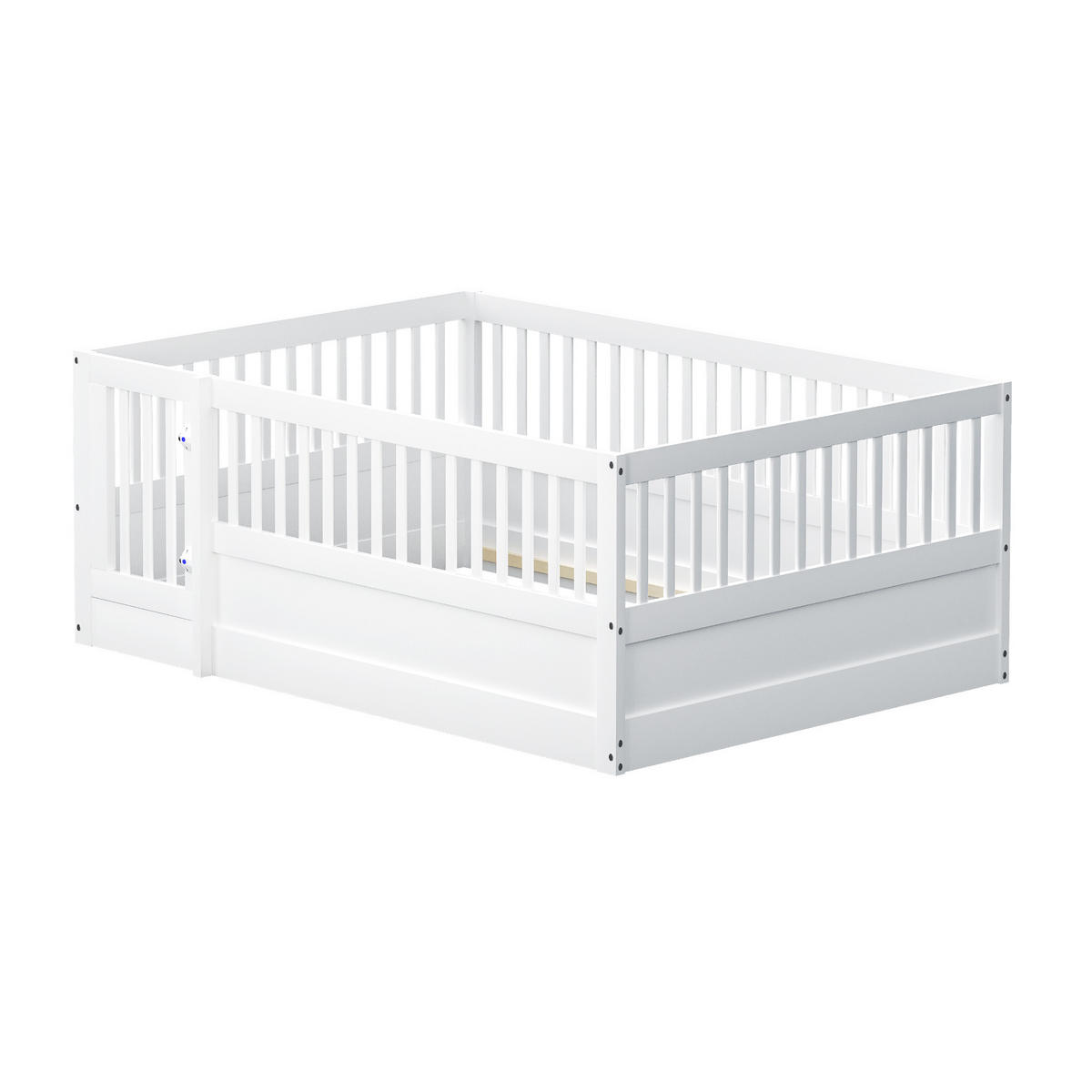 KINDERBETT 140/200 cm weiß aus Massivholz mit Zaun und Tür - Weiß, Holz (140/200cm) - OKWISH