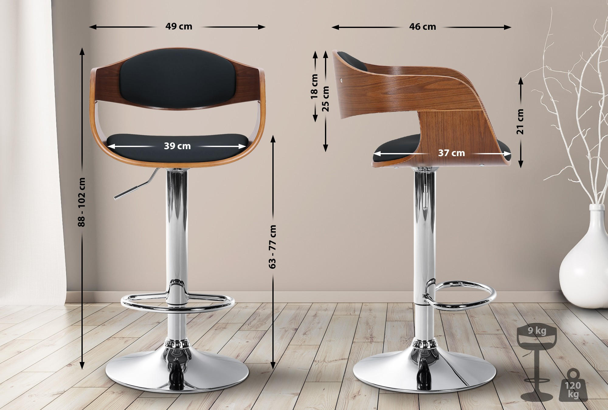 Thumbnail - CLP Barhocker, Schwarz, Walnuss, Textil, 50x88x48 cm, Esszimmer, Barmöbel, Barhocker