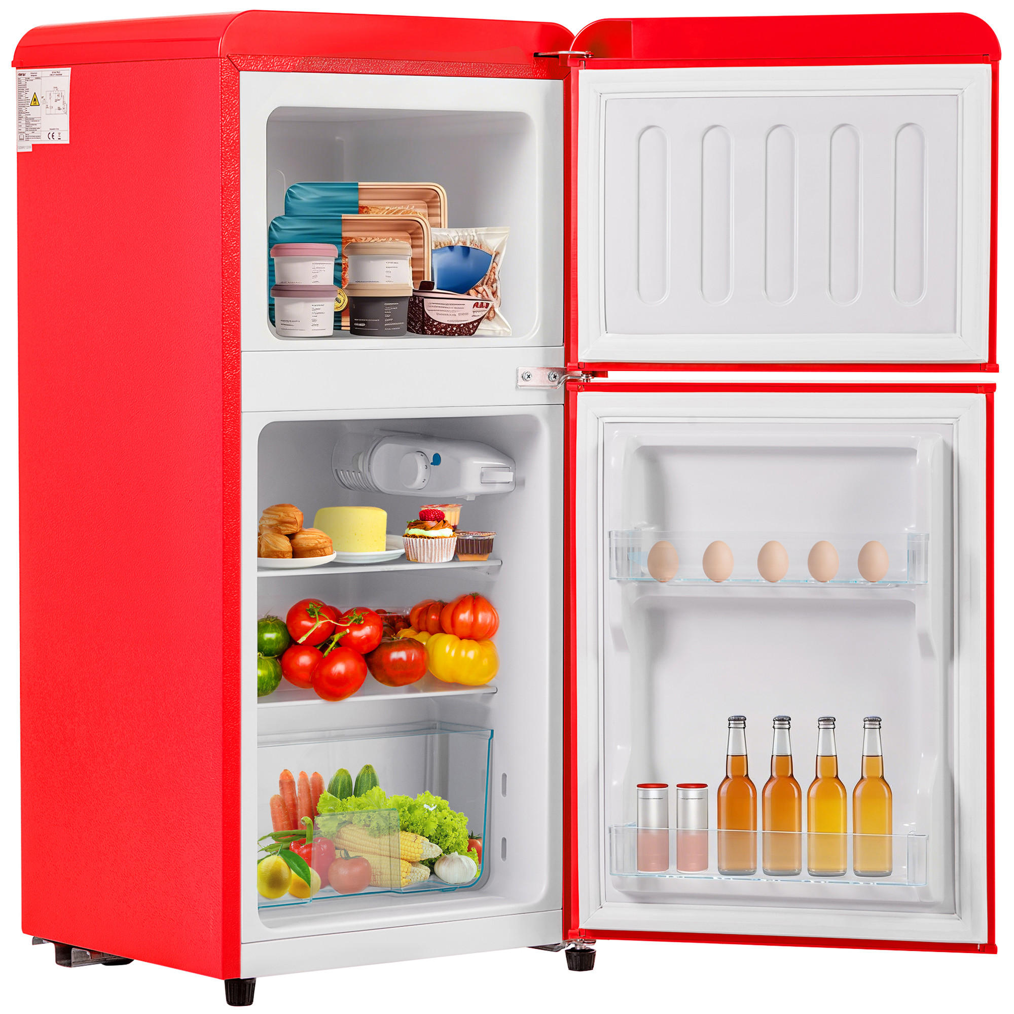 RETRO KÜHLSCHRANK 88,8cm Rot 60L Doppeltür LED Gefrier E Klasse - Rot, Kunststoff (45.5/42.5/88.8cm) - FLIEKS