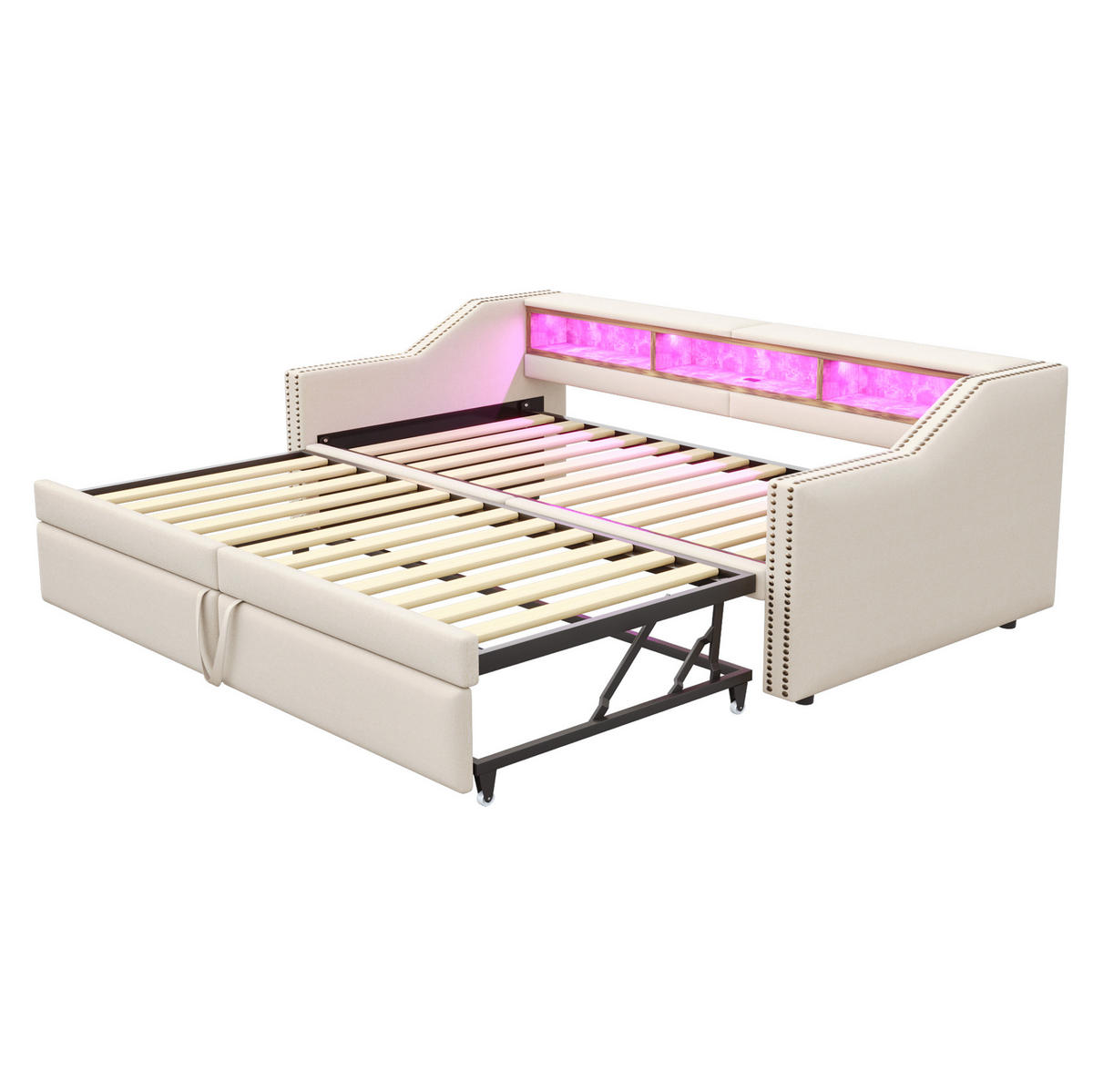 BETT aus Leinenstoff 90/180x200 cm Beige mit Ausziehbett, LED, USB und 3 Ablagefächern - Beige, Textil (90/200cm) - Modfu