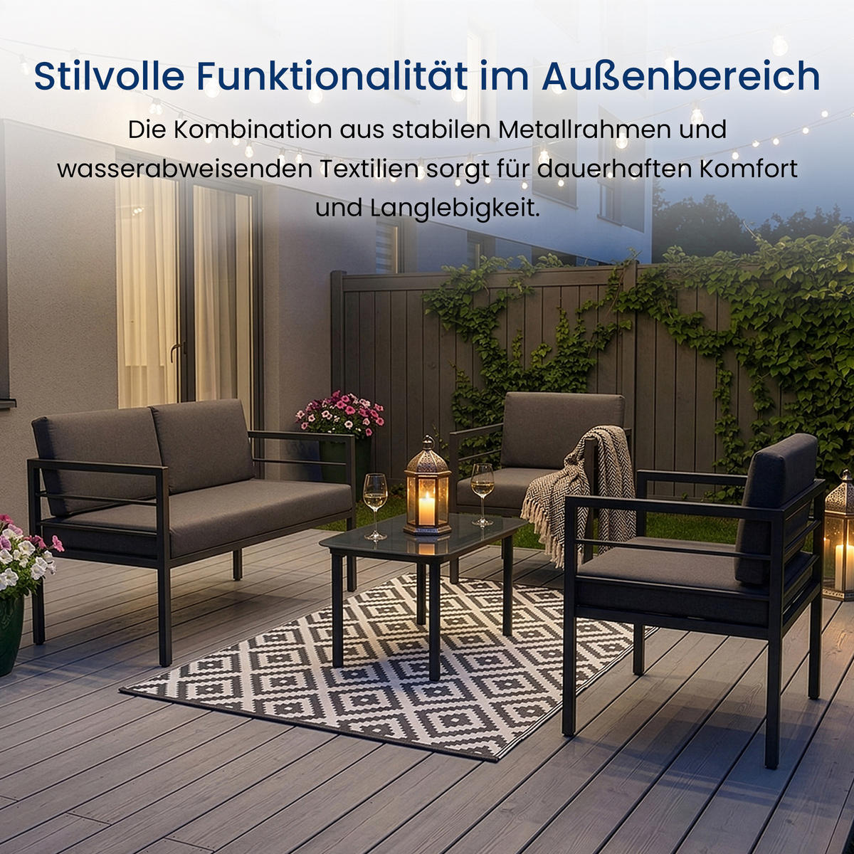 GARTENMÖBEL-SET mit 1 Zweisitzer. 2 Einzelstühlen und 1 Couchtisch. Anthrazit & Grau - Anthrazit, Metall - Home Collective