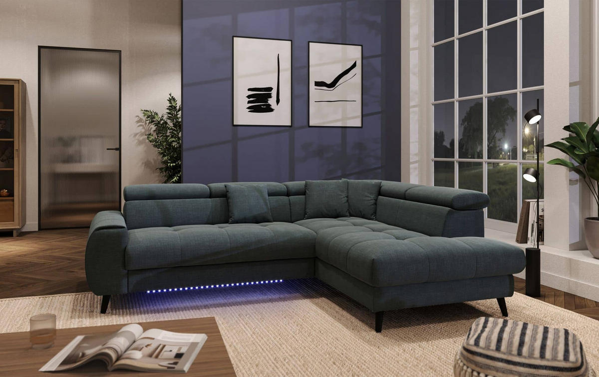 ECKSCHLAFSOFA mit Bettkasten und induktiver Ladefläche + LED - Schwarz/Grün, Holz/Textil (195/246cm) - Cotta