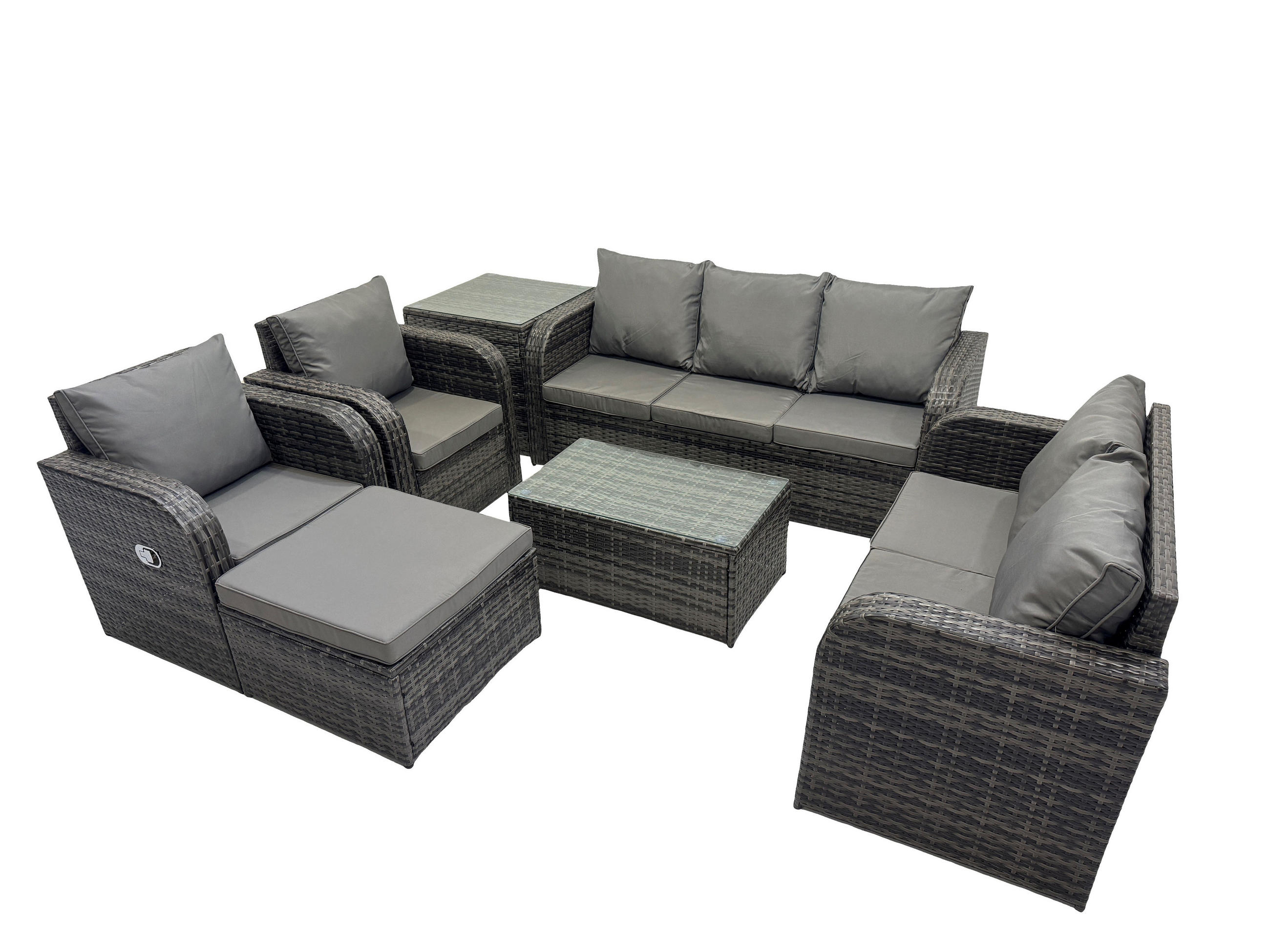 GARTENMÖBELSET mit Couchtisch Polyrattan 8-Sitzer - Dunkelgrau/Grau, Glas/Kunststoff - Fimous