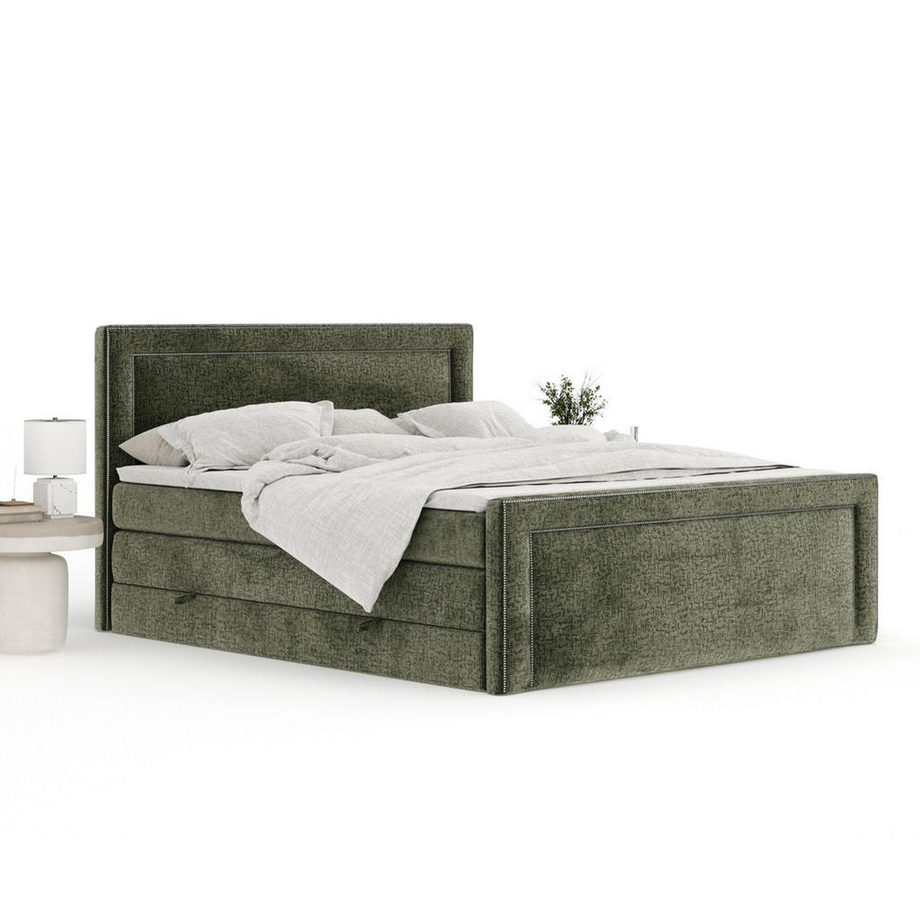 Thumbnail - Maison de Reve Boxspringbett, Olivgrün, Textil, Buche, Kiefer, H3 + H4, 7-Zonen, Höhe ca. 40 cm, 200x200 cm, Handmade in...