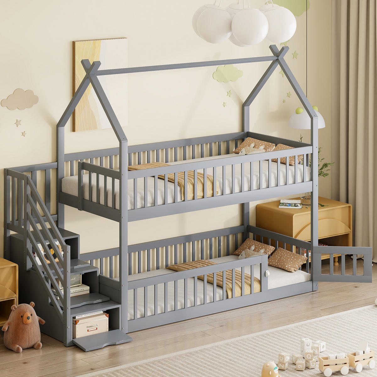 ETAGENBETT mit Dach, Treppe und Schubladen 90x200 cm Kiefernholz Grau - Grau, Holzwerkstoff (90/200cm) - Beauniv