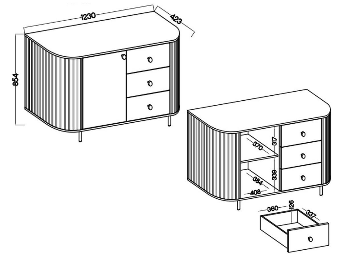 KOMMODE Olivia 123cm, mit 1 Tür, 3 Schubladen und geriffeltem Design, dunkelbraun - Dunkelbraun, Metall (123/85/43cm) - Margaret Hadas24