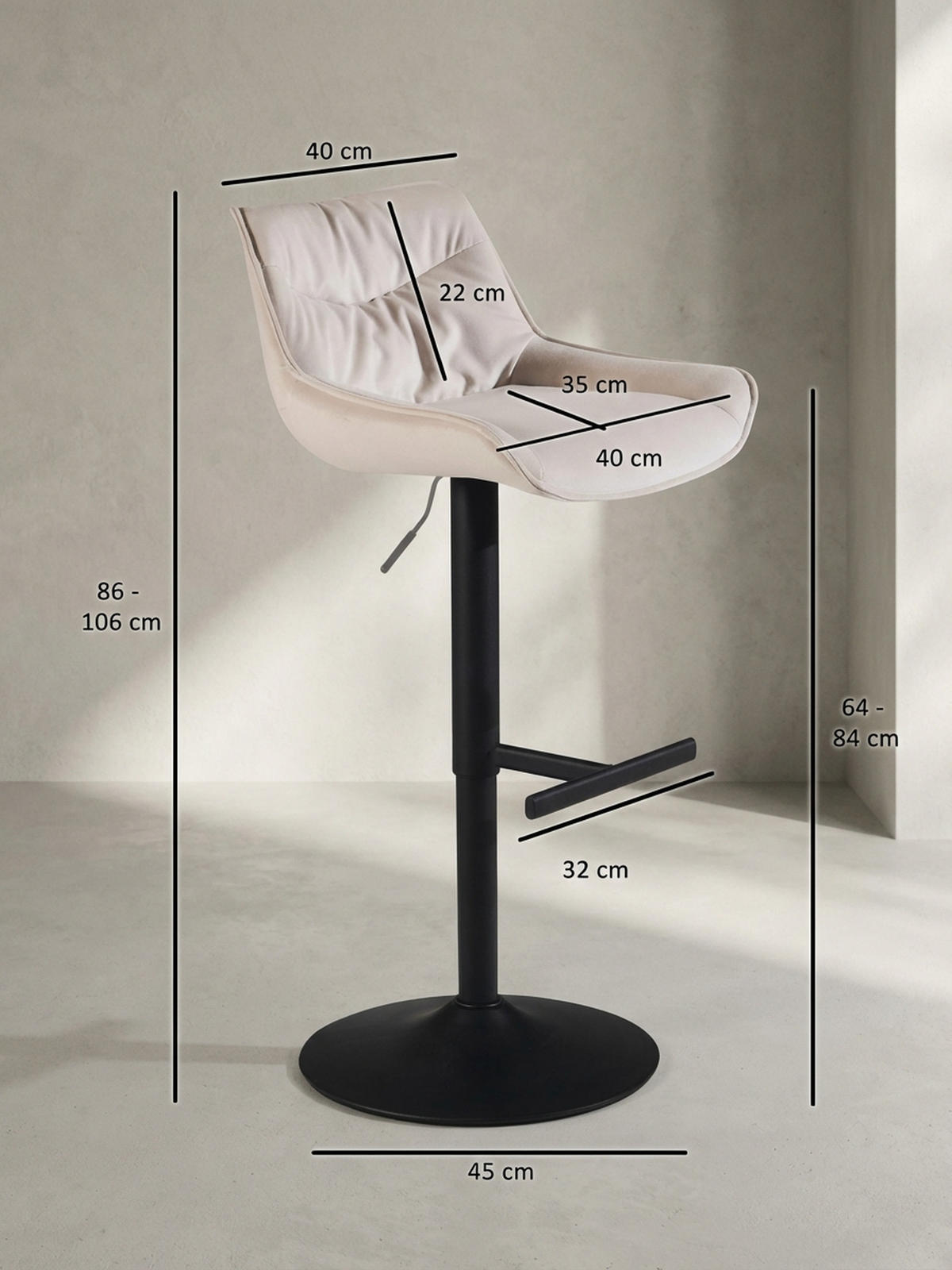 BARHOCKER Samt Lehne Höhenverstellbar Trompetenfuß Gepolstert, Beige 45x55x106 cm - Beige/Schwarz, Textil/Metall (45/106/55cm) - KADIMA DESIGN