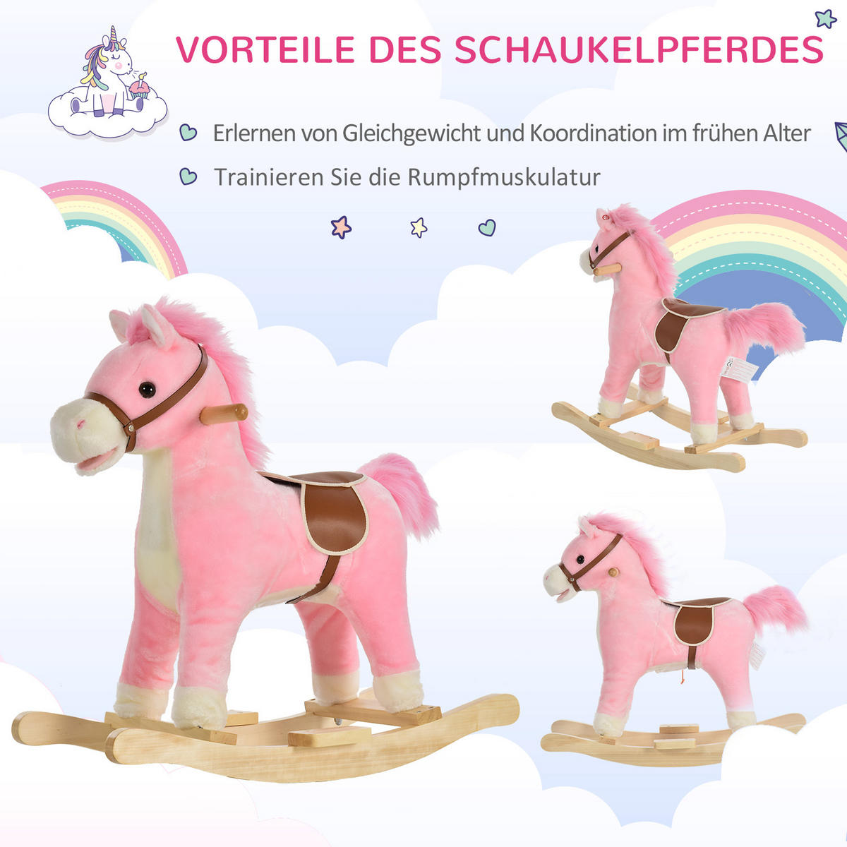 KINDER SCHAUKELTIER, Braun/Rosa, Plüsch+ Holz - Rosa, Holz (32.5/61/65cm) - HOMCOM