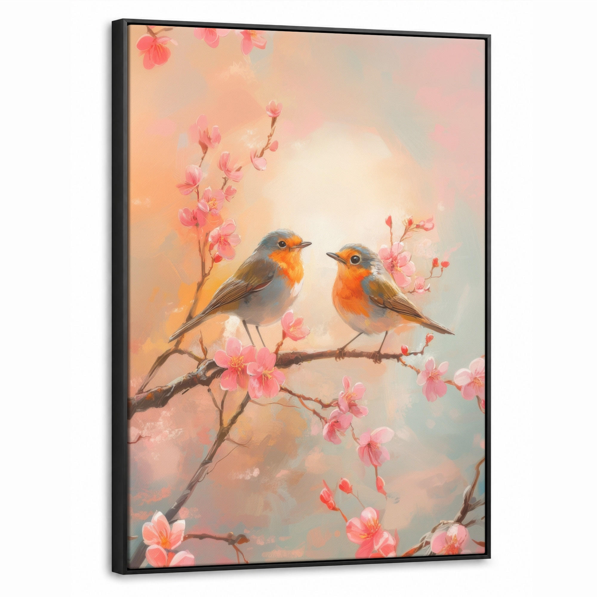 LEINWAND Bilder mit Rahmen - Rotkehlchen - Zierpflanze - Blütenzweig - 50x70 - Hellrosa, Textil (50/70cm) - MuchoWow