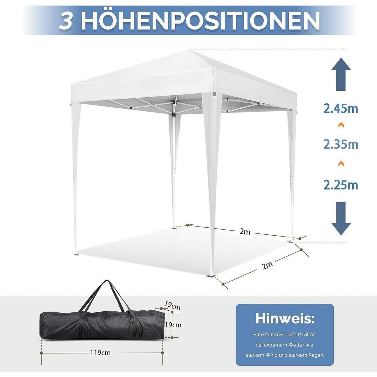 FALTPAVILLON 2 x 2 m Grau mit 4 Seitenteilen - Weiß, Metall (200/245/200cm)