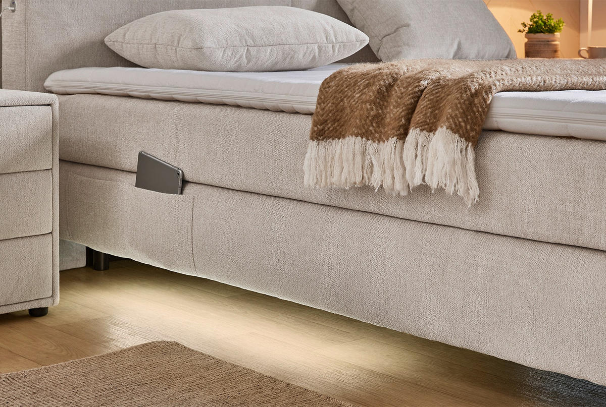 BOXSPRINGBETT 180x200 cm, 7-Zonen-Tonnentaschen-Federkernmatratzen H4, Topper, Bonell-Federkern, Beleuchtung, USB-Ladeports, Chenille Beige / 20018 - Beige/Schwarz, Textil/Metall (180/200cm) - luma-home